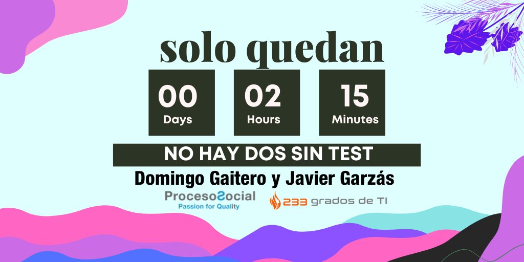 ProcesoSocial's tweet photo. La secretísima ponencia NO HAY DOS SIN TEST de @jgarzas de @233gradosDeTI y @DgaiteroG de @ProcesoSocial empezará en 2:15 h.
Esta tarde a las 17:15 estamos en #vlctesting22, el mayor festival de testeo de software.
@ITI_TIC #test #testing #calidad #software https://t.co/5AjBAKkTYM