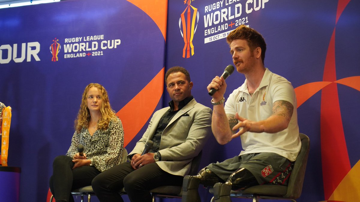 rugbyleaguewcup's tweet photo. 🏆 We’ve had a great morning at Manchester Central, host of our Wheechair final!

Our ambassadors Jason Robinson, Lois Forsell and James Simpson have been speaking to businesses and explaining how they can get involved with the tournament.

#RLWC2021 | #TNLTrophiesTour https://t.co/RqpmL1IHXK