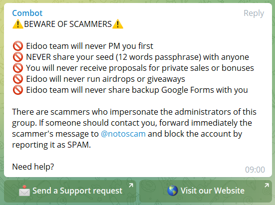 eidoo_io's tweet photo. Beware of scammers and fake groups. 🛡️

#Eidoo support will never PM you first, but you can always reach out to us first with any questions you might have. 💪

#cryptosafety #cryptolife #cryptocommunity https://t.co/Ye4wdih3To