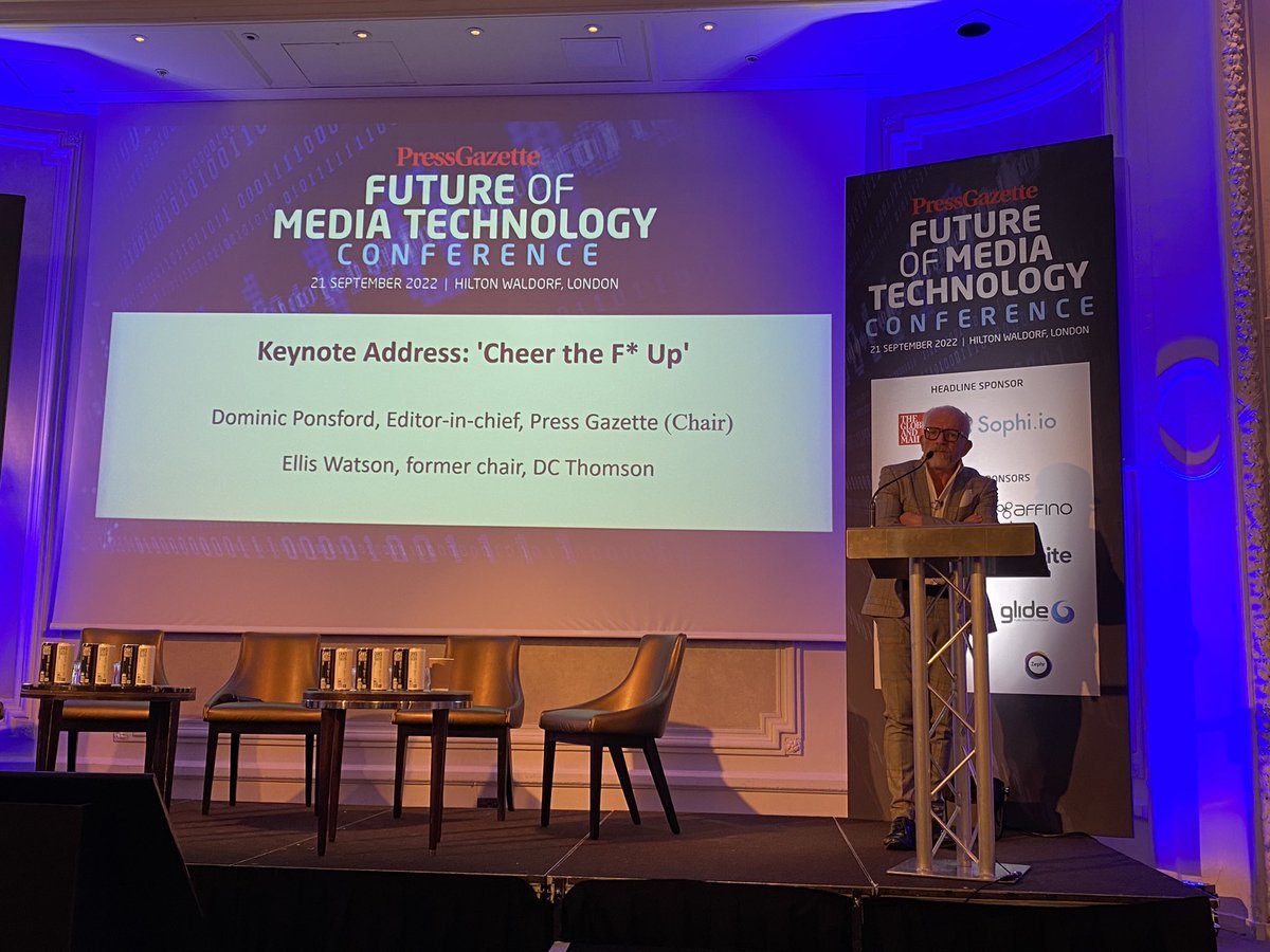 pressgazette's tweet photo. Former DC Thomson chairman Ellis Watson is giving us a keynote speech entitled “Cheer the f**k up”. One tip he gives is make sure you’re good at failing and fail well. #FutureMediaTech https://t.co/mDOrYoUSnN