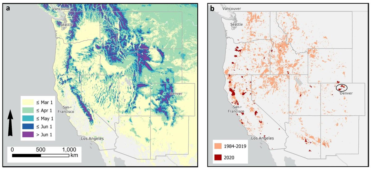A study exploring the detrimental impact of #wildfires on snowpack in the western United States from 1984 to 2020, finds that wildfire-burned areas exhibited a snow-free date 18-24 days earlier than average. In PNAS: ow.ly/AeQr50KNYBp
