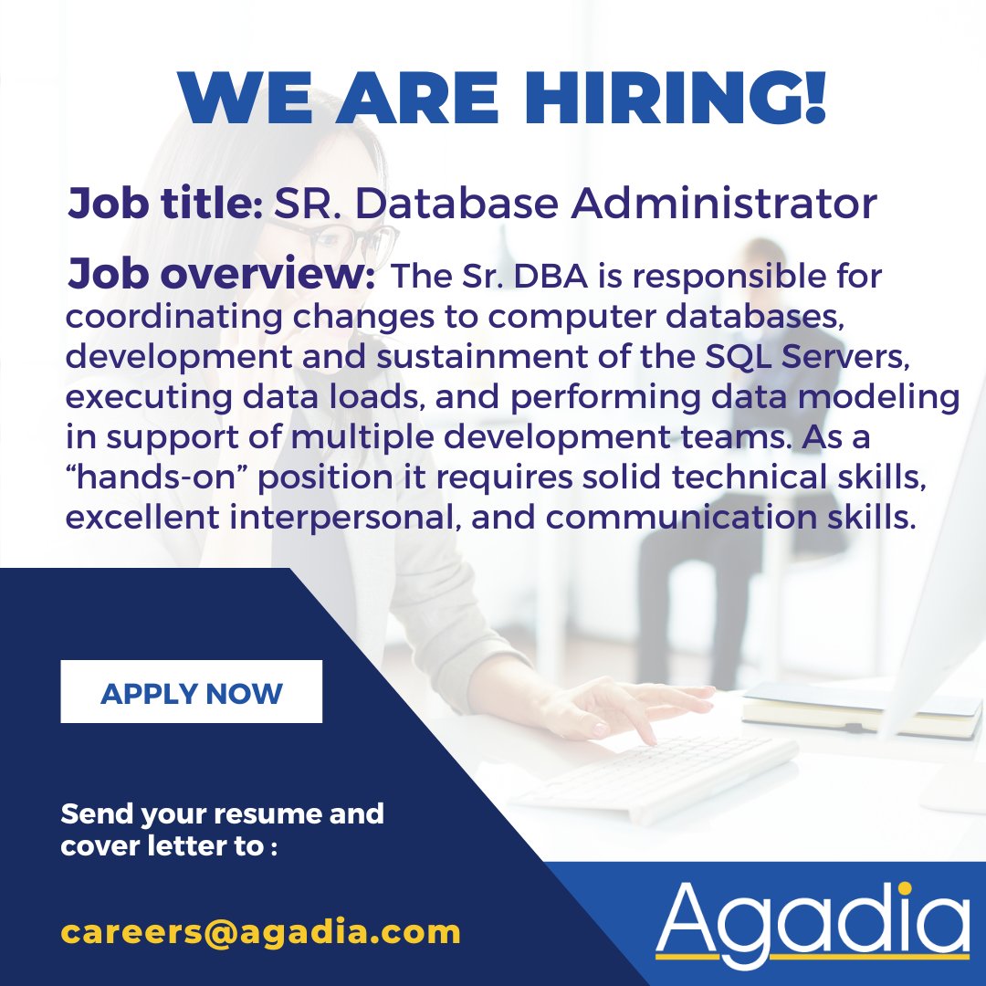 We are hiring!

Visit agadia.com/sr-dba/ for more information.