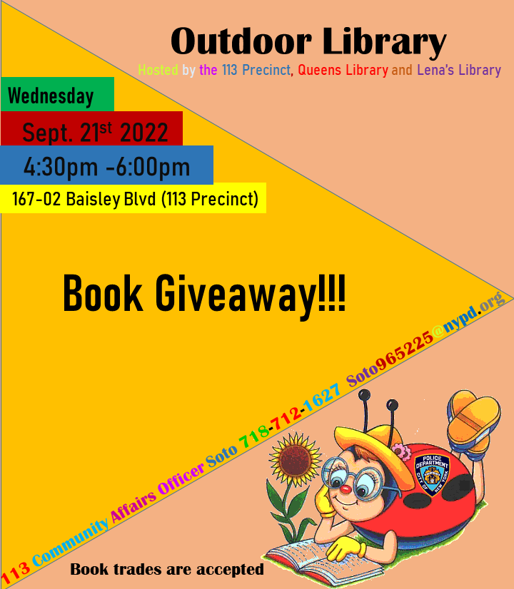 NYPD113Pct's tweet photo. TODAY!!!
Come get a FREE book and a Library Card!!
We are also accepting book donations/book trades!
#ReadingIsFundamental #QueensLibrary #LenasLibrary #PBQS #ThisIsWhatWeDo https://t.co/AUfJ02Cnj8