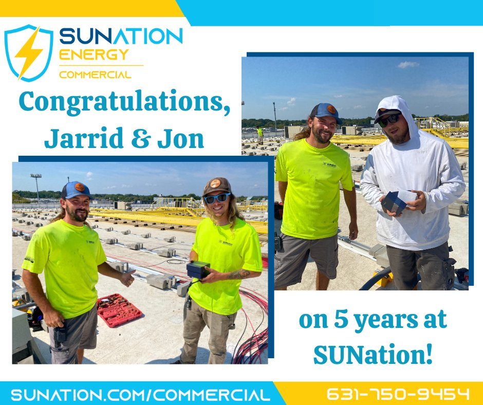 SUNation_Energy's tweet photo. Please join us in congratulating Jarrid and Jon on our Commercial Solar team who are both celebrating 5 years at SUNation! Thank you for all your hard work, helping local businesses save with solar.
#WorkAnniversary #SolarInstallers #SolarBusiness #SolarCareer #LongIsland #NYSUN https://t.co/Ujy0ziM9xY