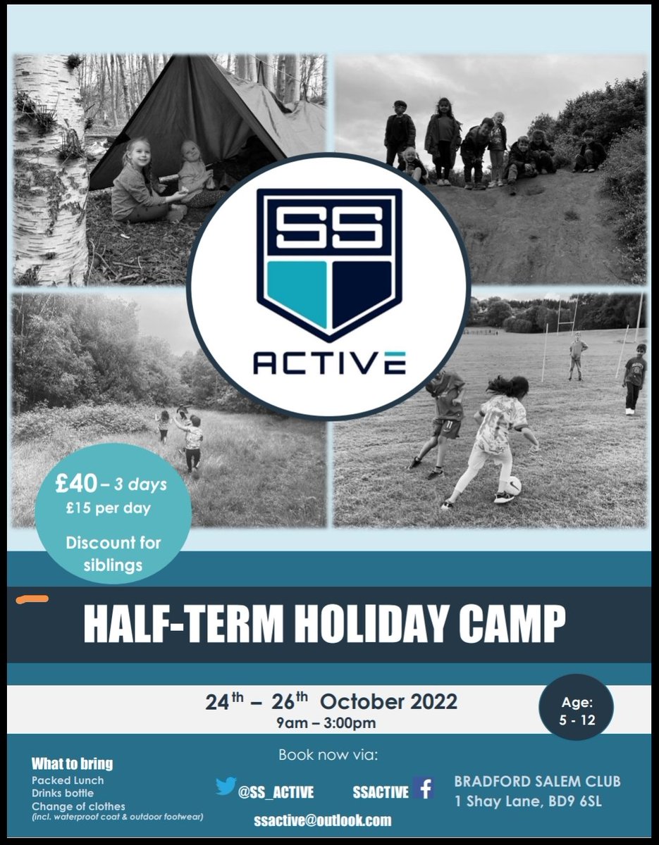 RT @ss_active: 🔹▫️🔹▫️🔹▫️🔹▫️🔹▫️🔹▫️🔹

We are delighted to announce that we will be running our holiday camp this October half-term! 

To book a place Contact us via: 
Facebook: @SSActive1
Email: ssactive@outlook.com

#activeBradford

🔹▫️🔹▫️🔹▫️🔹▫️🔹▫️🔹▫️🔹