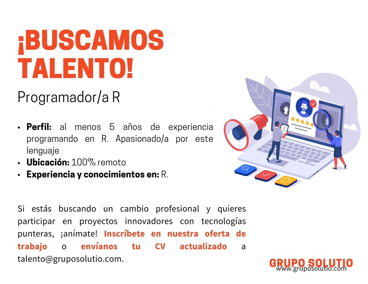 Grupo_Solutio's tweet photo. Seleccionamos, para incorporación en remoto en nuestro equipo en cliente (entidad bancaria), a un/a #ProgramadorR.
➡Aplica aquí: https://t.co/R2ZSkQP3Gl
➡Envíanos tu CV a talento@gruposolutio.com
#SolutioTalent #DesarrolladorR #RDeveloper #trabajoenremoto #empleosTI #ITjobs https://t.co/g0kyhIsrI2