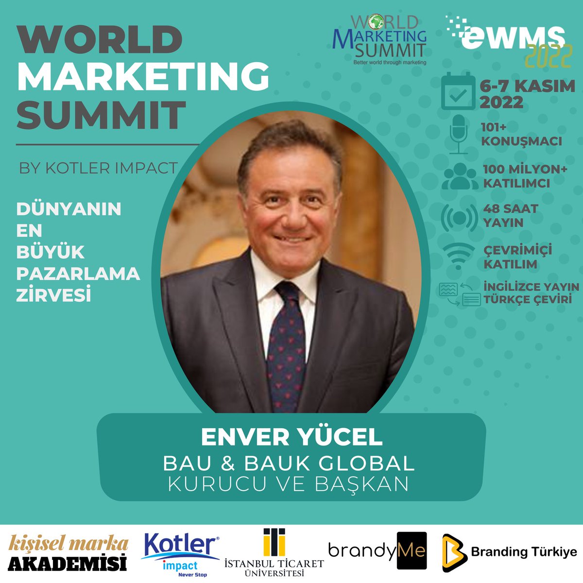 KisiselMarkaAkd's tweet photo. BAU &amp; BAUK Global Kurucu ve Başkanı Enver Yücel, dünyanın en büyük pazarlama etkinliği World Marketing Summit 2022’de
Detaylı bilgi ve kayıt:
https://t.co/Q9Wc8oJ5B6 

#worldmarketingsummit2022 #ewms https://t.co/fSS443DgqA