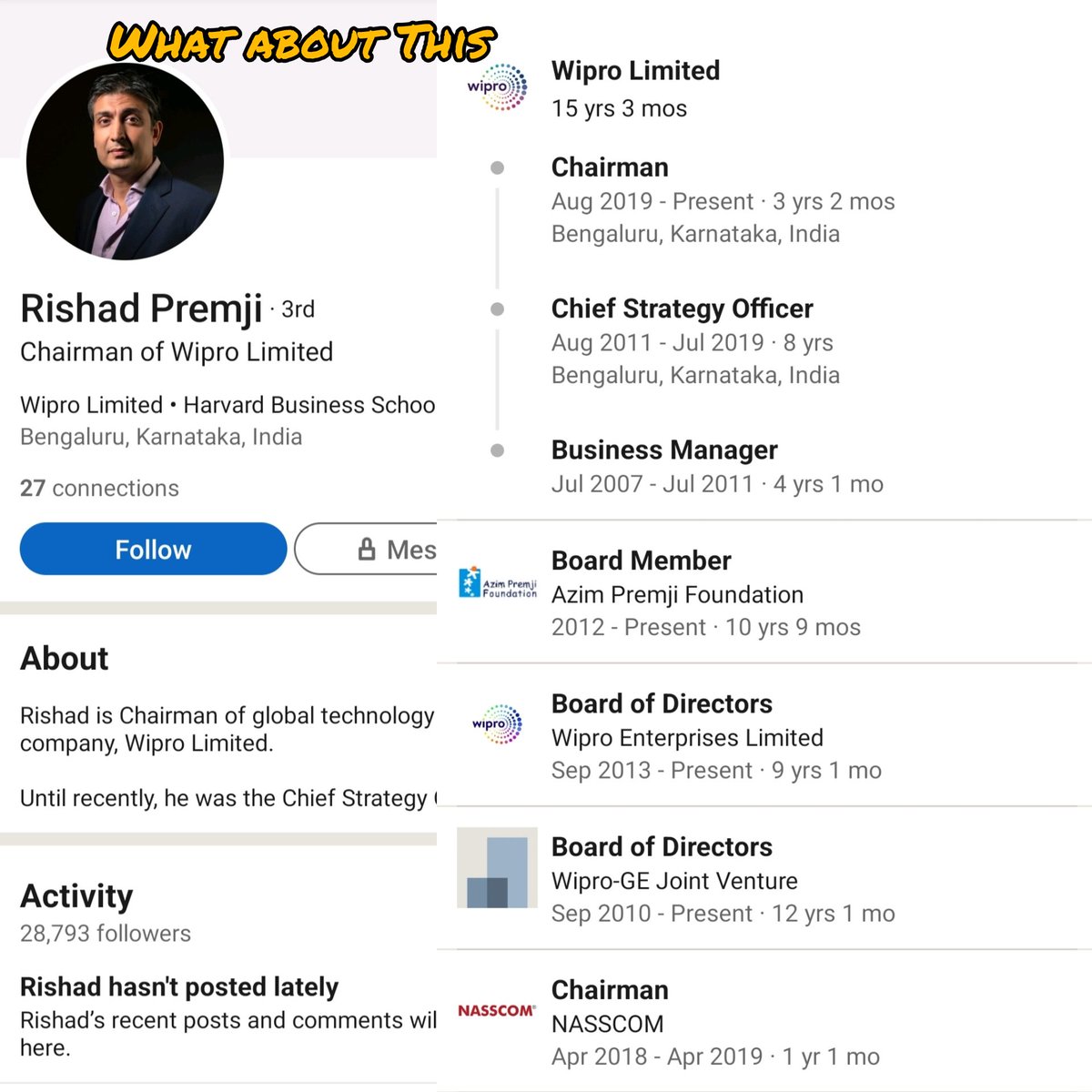 NITESenate's tweet photo. Being the Chief Strategy officer for #Wipro, @RishadPremji was #Nasscom Chairman. #Moonlighting #Wipro_cheats
#ITEmployees #StrongerTogether #UnitedWeWin #StandAsOne #JoinNITES #layoff https://t.co/tClXOWp2dY