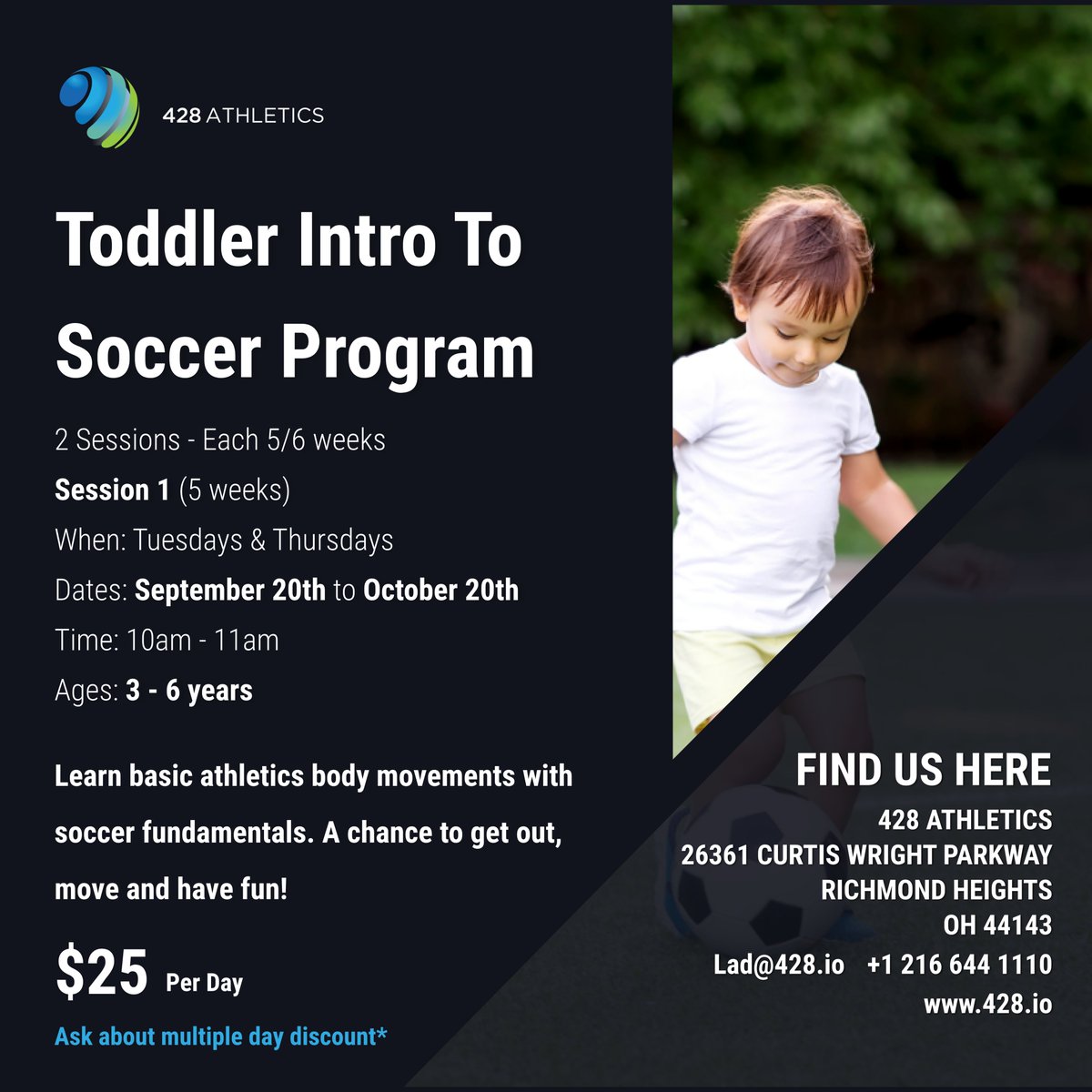 Todays Classes are 👇🏼

Toddler Intro to Soccer Program ⚽️🥅
Wednesday Baseball Clinic ⚾️

Come along to learn lots of new skills and most importantly...have fun! 

428.io/events 👈🏾 REGISTER HERE
