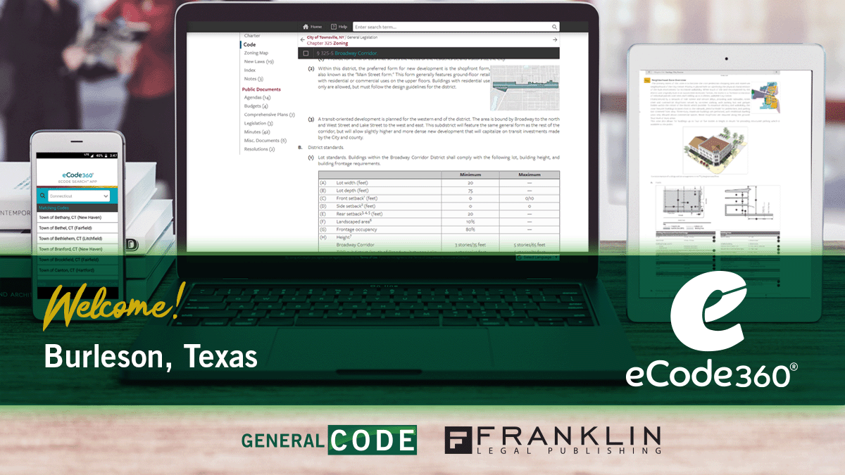 generalcode's tweet photo. The @CityofBurleson, TX has chosen General Code's forward-thinking #eCode360® to boost #transparency and #efficiency with a flexible online code experience for the entire municipality.
https://t.co/PuaW6sJgEY
#municipalcodes #ordinances #cities #Texas #eCode #codify https://t.co/nSOLyGnLi9