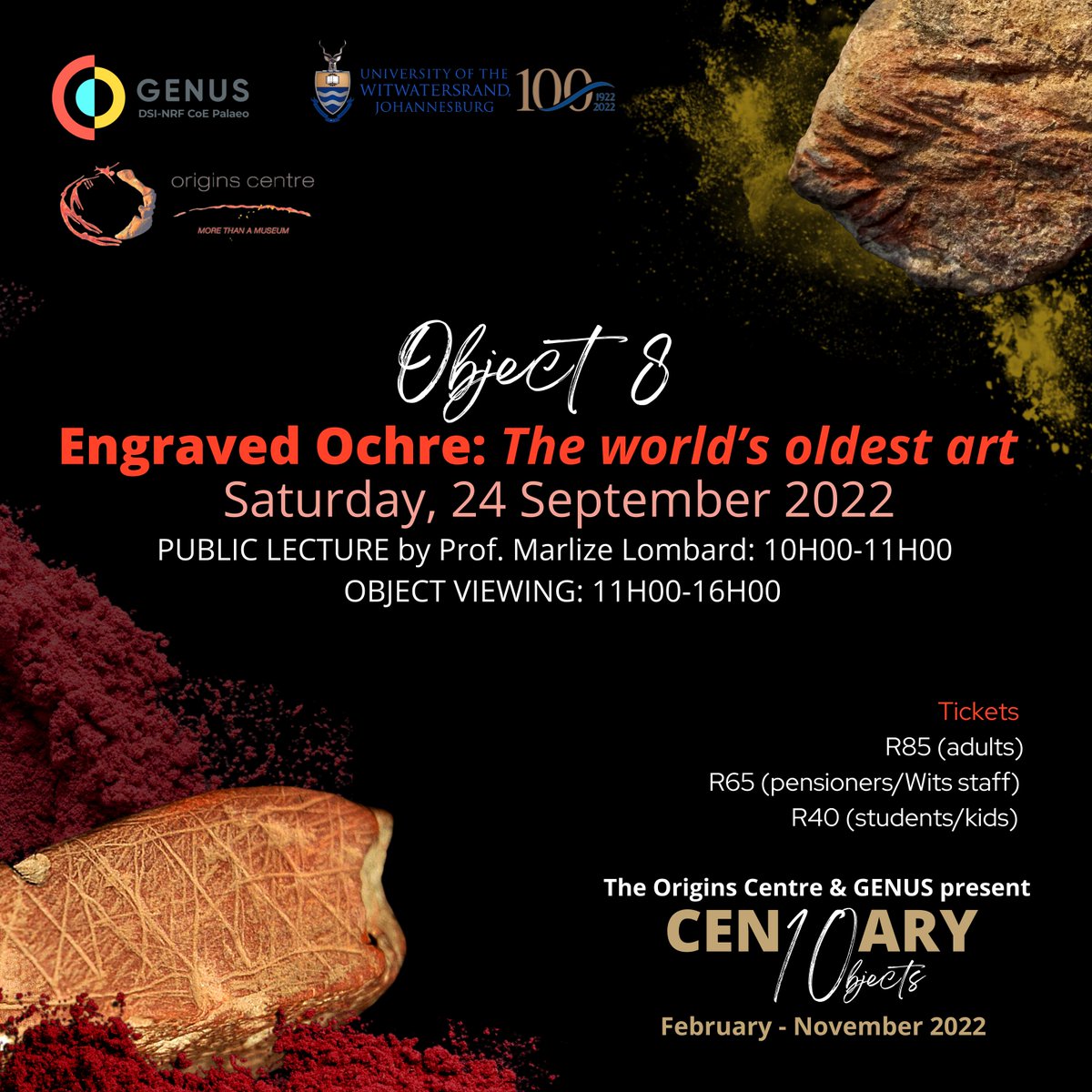 3 DAYS TO GO! Don't miss the public lecture by Prof Marlize Lombard this Saturday. The topic is 'What do we know about the human mind at the time of the earliest art?' The Original engraved ochre fragments from Blombos, Sibudu and Rose Cottage Cave will be on display #Wits100