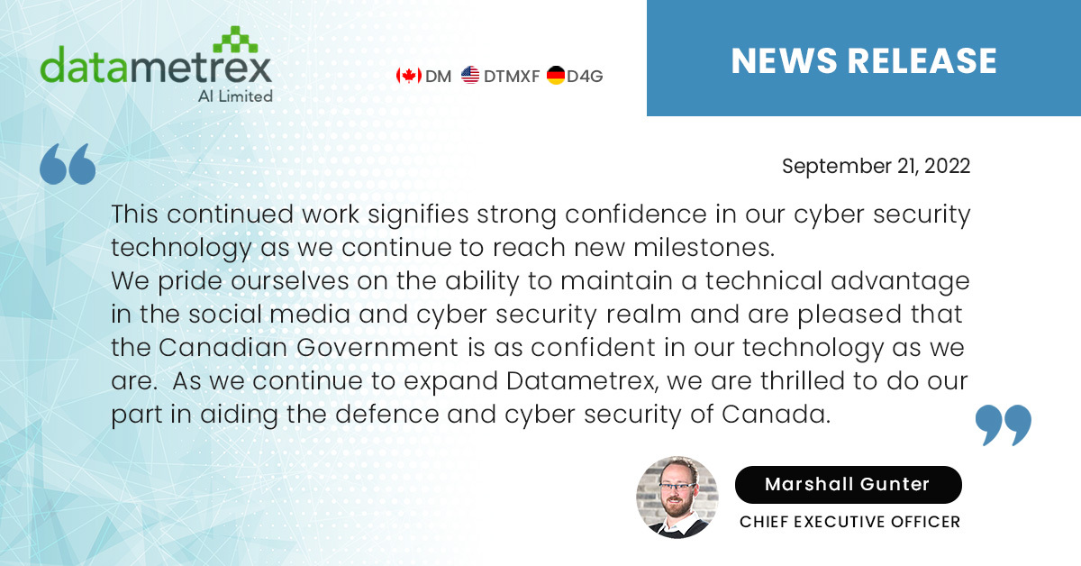 ⚡️🌐Datametrex Continues Work on the Second Phase of the $40 million AI Government Project.
📌Read the news here: bit.ly/3S1XBUt 
$DM $DTMXF #AI #Technology #Cyber #Security