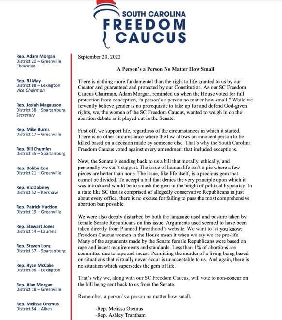 SCFreedomCaucus's tweet photo. Thank you to @MelissaOremus and @AshleyTrantham for leading on this issue. @SCFreedomCaucus will stand behind these two women and fight for those who can’t fight for themselves.#nonconcur https://t.co/u2Wsv2X3VG
