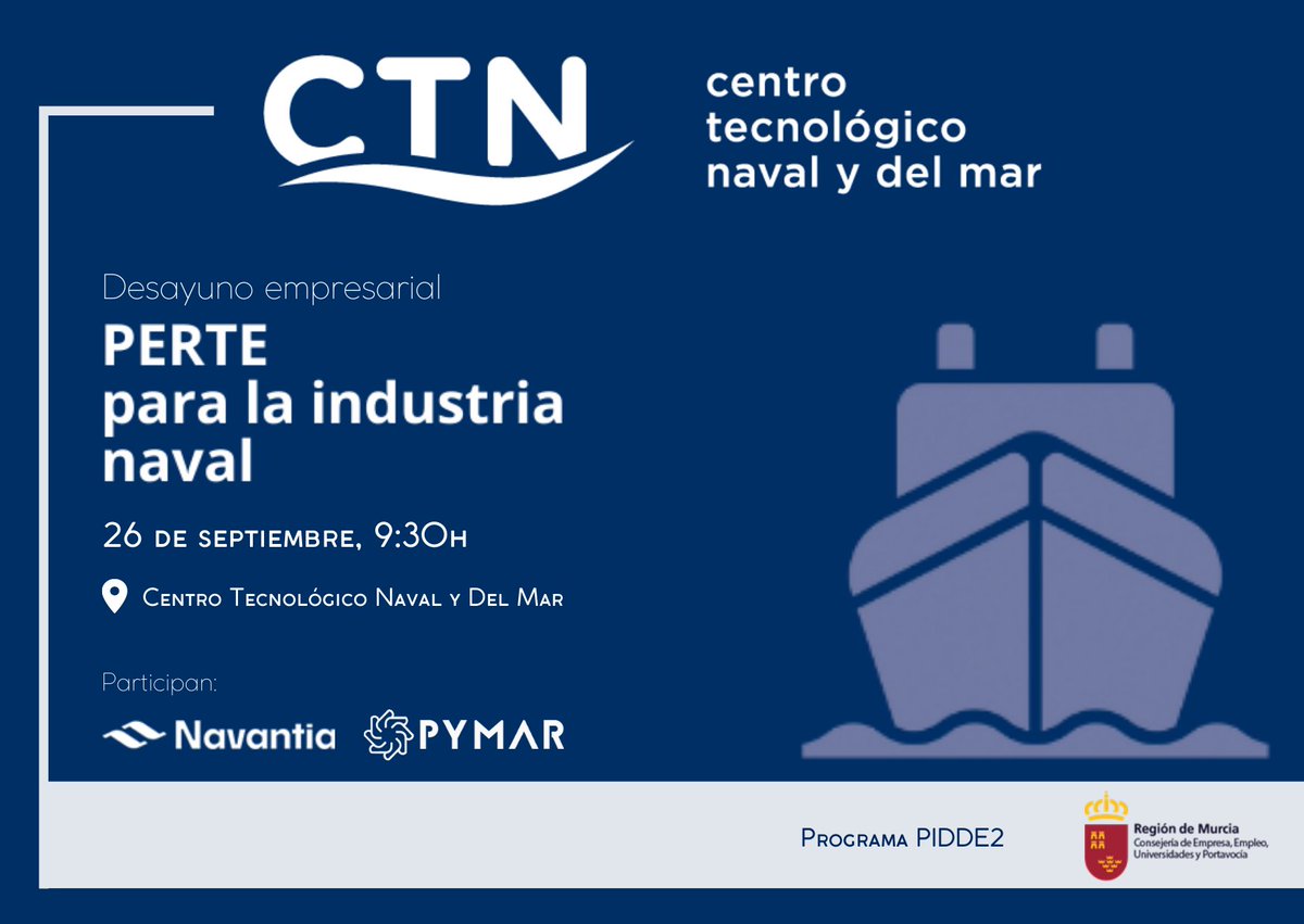 CTNInnova's tweet photo. No te pierdas el desayuno empresarial "Presentación PERTE Naval", donde @NavantiaOficial, #PYMAR y #CTNM mostrarán las acciones dirigidas a conseguir una industria competitiva, digitalizada y climáticamente neutra en el sector marítimo. ¡Inscríbete!

Info: https://t.co/LUhU06VAPx https://t.co/23jN1a6dqx