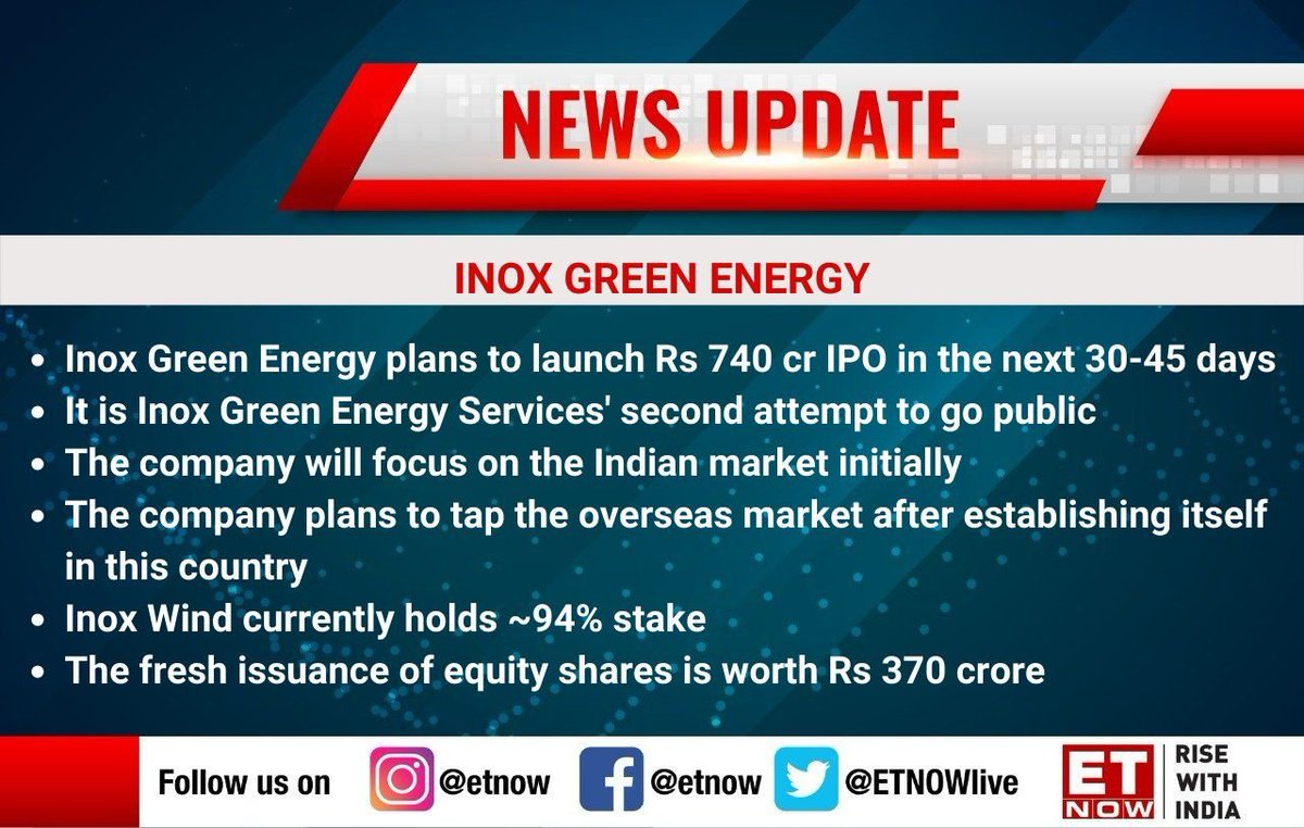 UnlistedXChange's tweet photo. #IPO of #InoxGreenEnergy is approved by #SEBI
#Unlisted #PreIPO #INOX #GreenEnergy #IPOApproval #DRHP #BuyBeforeIPO #UnlistedShares https://t.co/VF6lyW4k3g