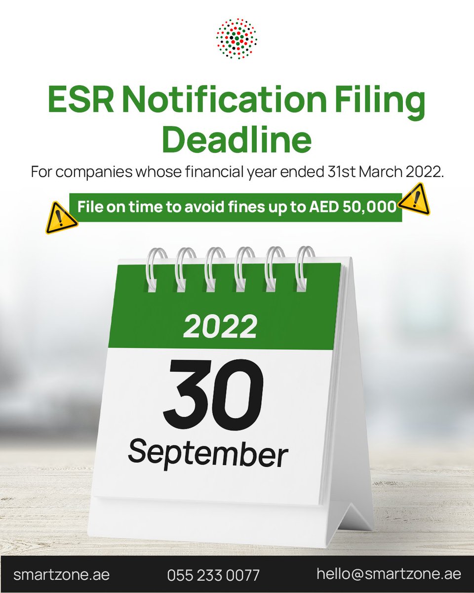 smartzoneuae's tweet photo. ⚠️ Have you filed your #ESRnotification? Do it before September 30th to avoid fines of up to AED 50,000 ⚠️
Contact us for assistance with the review, filing of notification & filing of report. 📞 055 233 0077 & ✉️ hello@smartzone.ae
#SmartZone #MindingYourBusiness
.
.
#uaeeconomy https://t.co/d2qDiZ0lqT