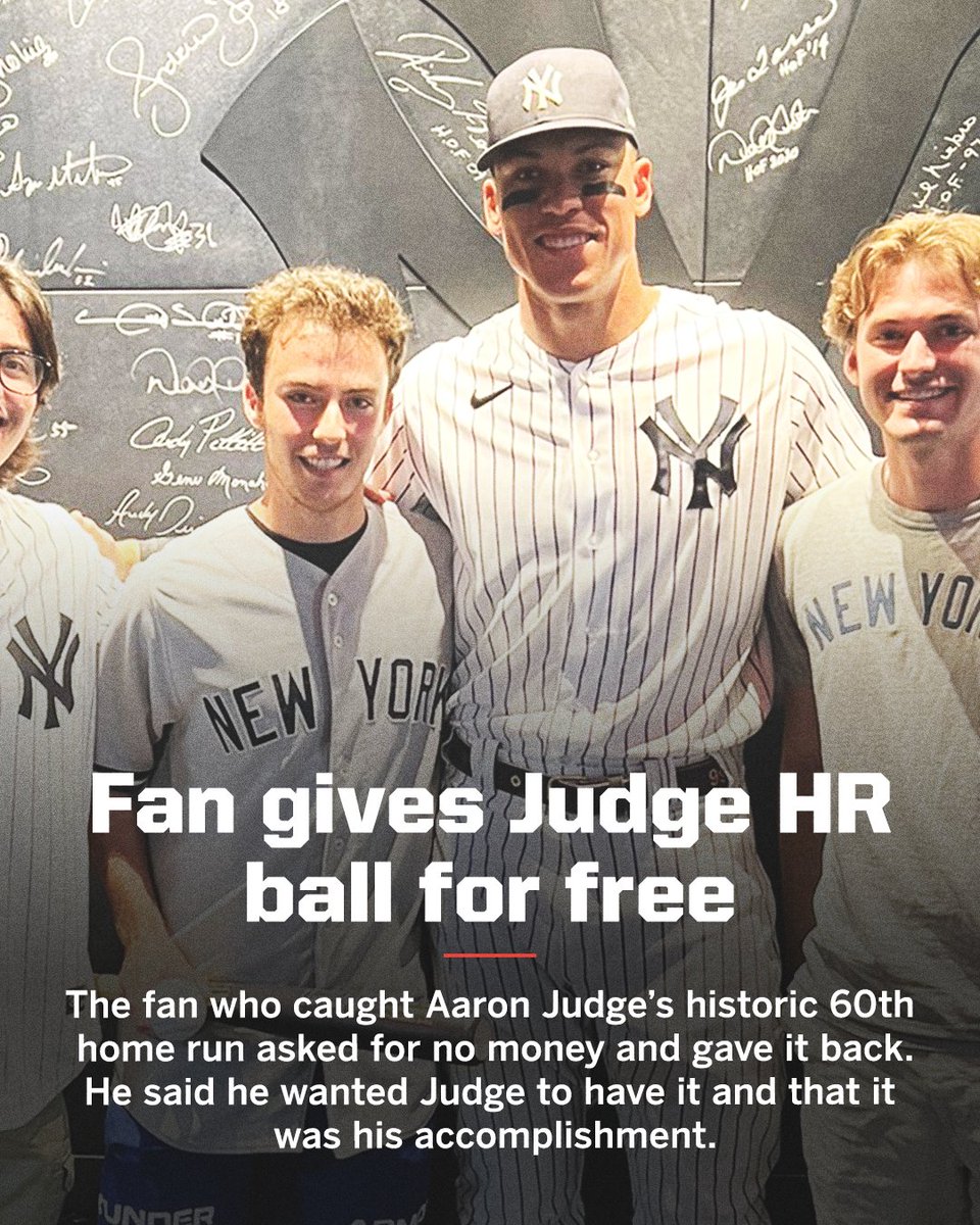 The fan who got Aaron Judge's 60th home run ball wanted Judge to have it. A classy gesture 👏 (📸 @JohnstoneJD)