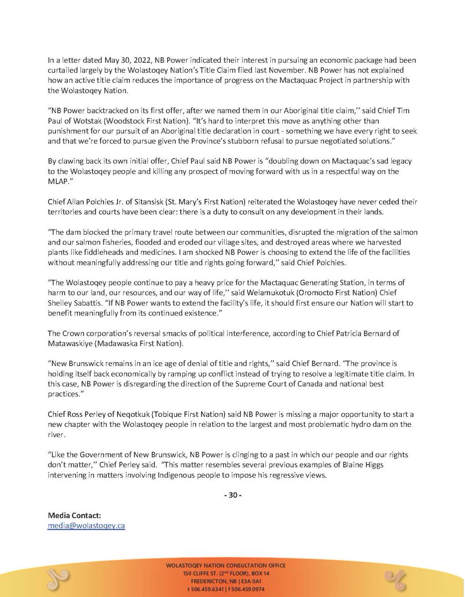 For Immediate Release:

Wolastoqey Chiefs decry NB Power's sudden reversal of Mactaquac talks. 

Press release, backgrounder in following tweet.