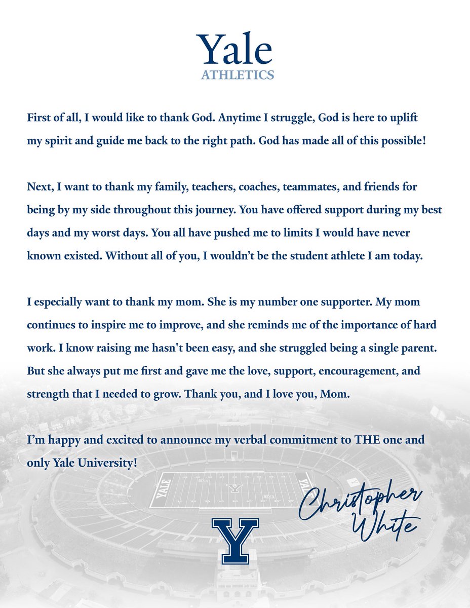Blessed and honored to be verbally committing to Yale University. ‘Education is the most powerful weapon which you can use to change the world.’- Nelson Mandala #ThisIsYale  <a href="/yalefootball/">Yale Football</a> @RecruitYaleFB <a href="/CoachRenoYale/">Tony Reno</a> <a href="/coachjjanderson/">Jay Anderson</a> <a href="/coach_smcgowan/">Sean McGowan</a> <a href="/JsonCarter/">Jason Carter</a> <a href="/CoachB_ripMM/">Coach B</a>
