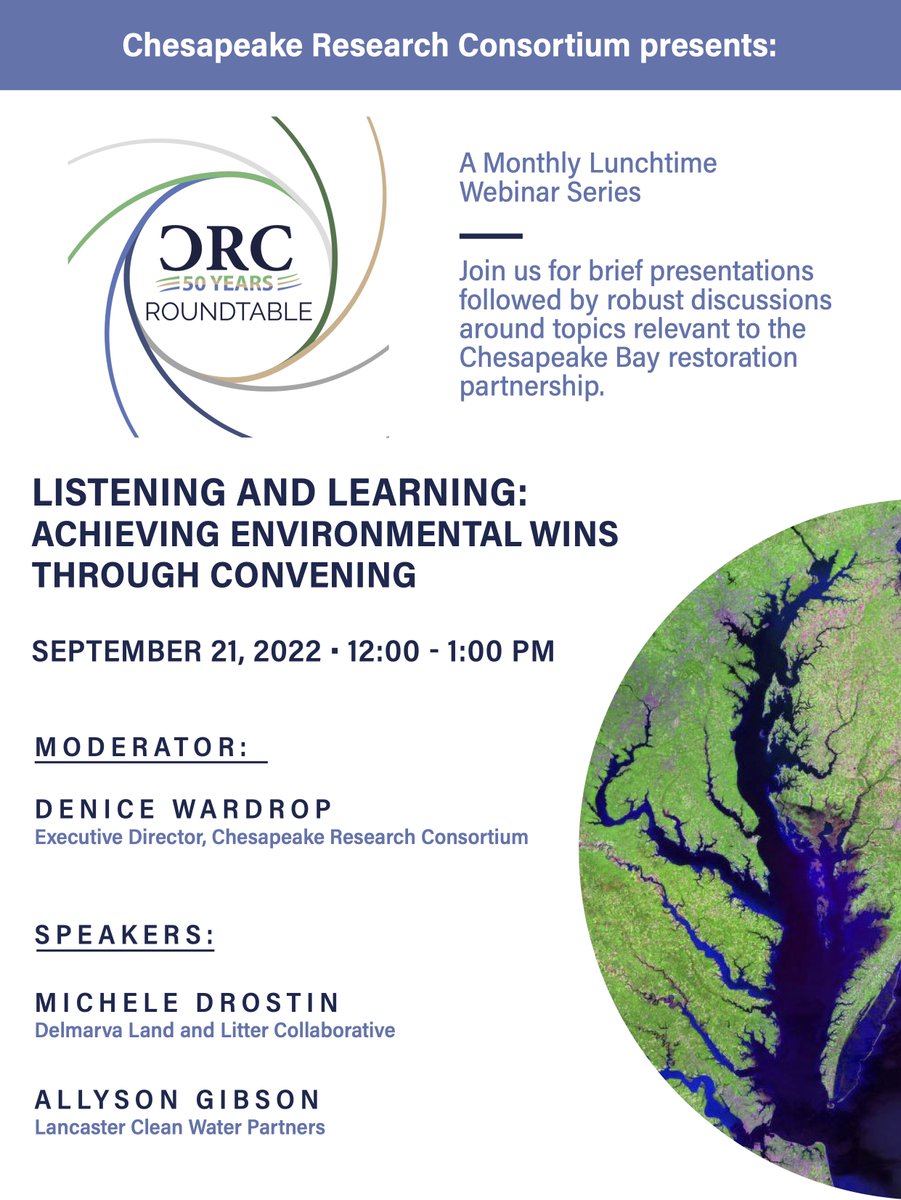 The Roundtable is today! Learn best practices for moving the collective toward environmental action from Lancaster Clean Water Partners &amp; Delmarva Land and Litter Collaborative! Register to join the conversation, share your perspective, and ask questions: chesapeake.org/crc-roundtable/