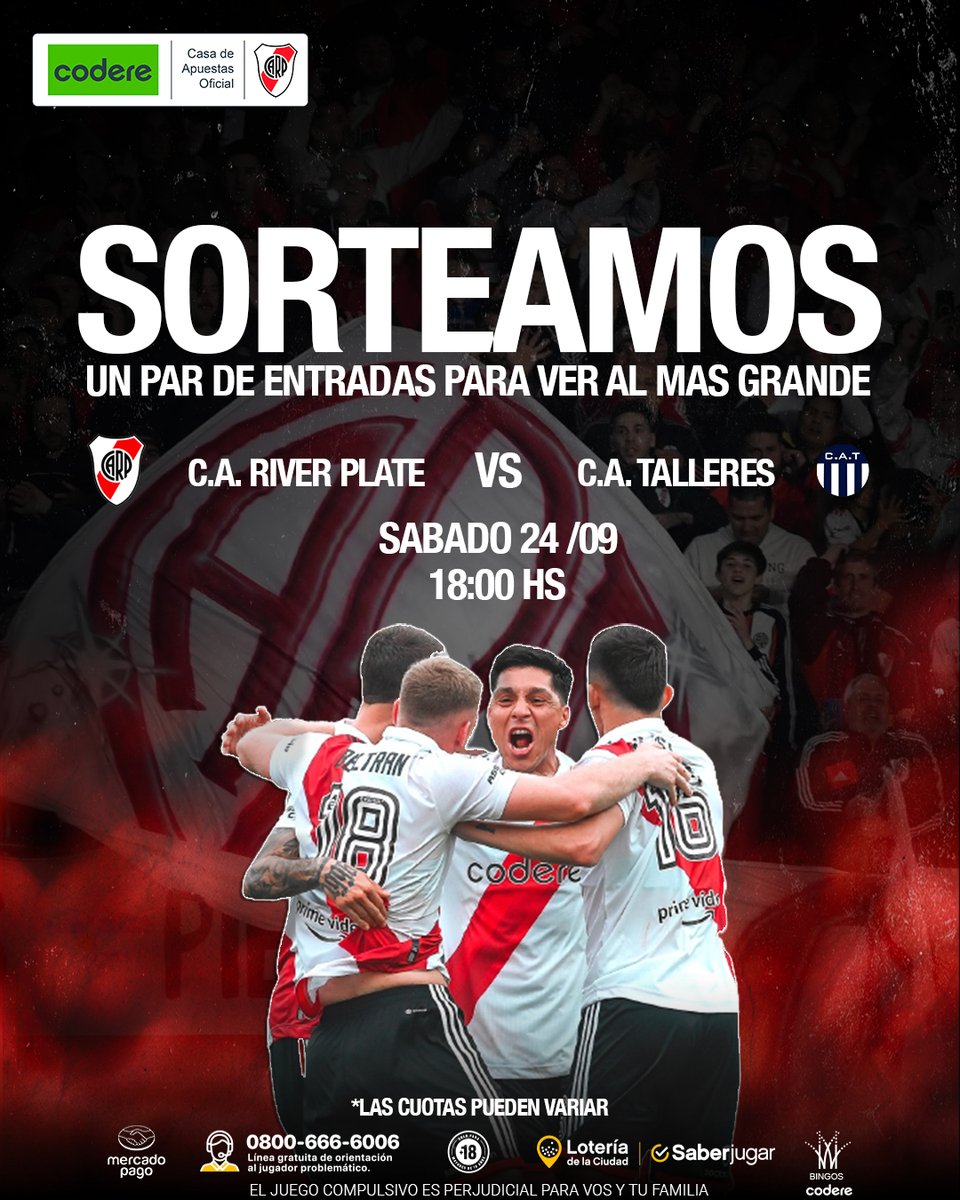 😍 SORTEO DE ENTRADAS PARA VER A RIVER ANTE LA T 😍

➕ Seguinos
❤️ Like + 🔁 RT
📍 Residir en CABA o Gran Buenos Aires.

Y listo, ya estás participando.

Mañana jueves por la tarde elegimos al ganador 😎