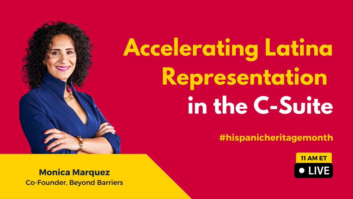 Join <a href="/themmarquez/">Monica Marquez</a> LIVE today at 11 am ET for the latest discussion around #authenticity and what that means for Latinas to advance in corporate America -bit.ly/3DHRrUU
#diversity #latinaleaders #hispanicheritagemonth #iambeyondbarriers
