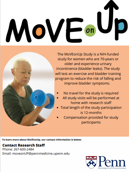 <a href="/PennMedicine/">Penn Medicine</a> is looking to recruit women who are 70+ to participate in a bladder fitness study! 
✔️No travel is required
✔️Performed at home with research staff 
✔️12-month study participation
✔️Compensation provided
Interested?➡️Email
moveonUP@pennmedicine.upenn.edu