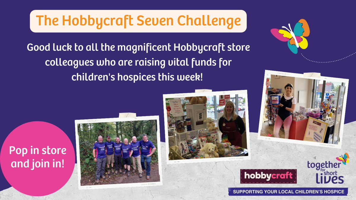 Tog4ShortLives's tweet photo. @hobbycraft colleagues across the country are behind the Magnificent Seven every step of the way with their own 'Seven challenge' this weekend. Join the adventure by heading into your local Hobbycraft store to have fun and raise vital funds for your local children's hospice 💥💜 https://t.co/1fhfKFoDIn