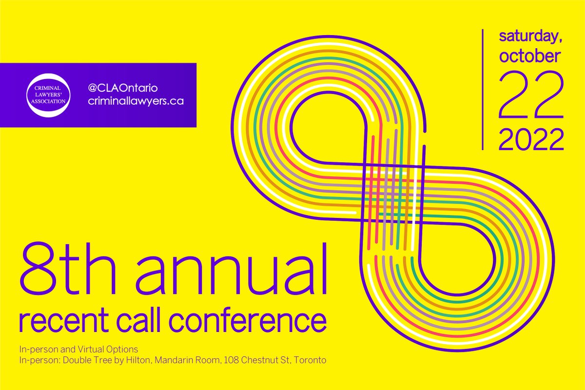 ClaOntario's tweet image. 8th Annual @ClaOntario Recent Call Conference CPD Confirmed:

60 minutes EDI
60 minutes professionalism.
3 hours and 40 minutes Substantive

October 22 with in-person and virtual options. Learn more criminallawyers.ca/events/8th-ann…