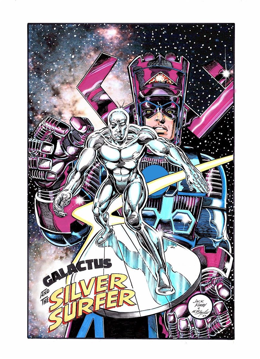 Bob_Layton's tweet photo. My pal &amp; agent @ArtGodfather suggested that I do some color recreations of his favorite classics. Here's a reimagined variant of a #JackKirby #SilverSurfer &amp; #Galactus Marvelmania Poster from 1970. It'll be available exclusively at the next @Clan_McD_Comics online sale. @marvel https://t.co/WysQun88n6