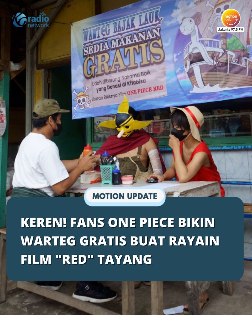MOTION975FM's tweet image. One Piece baru-baru ini ngeluarin film berjudul “One Piece Film: Red”. Buat ngerayain film rilis, fans One Piece buka “Warteg Bajak Laut” untuk makanan gratis.

Tanggal tua, kita gass!!🛵💨

📷 Instagram/mmaryasir

#onepiece #warteggratis #MotionUpdate #motion975fmjkt