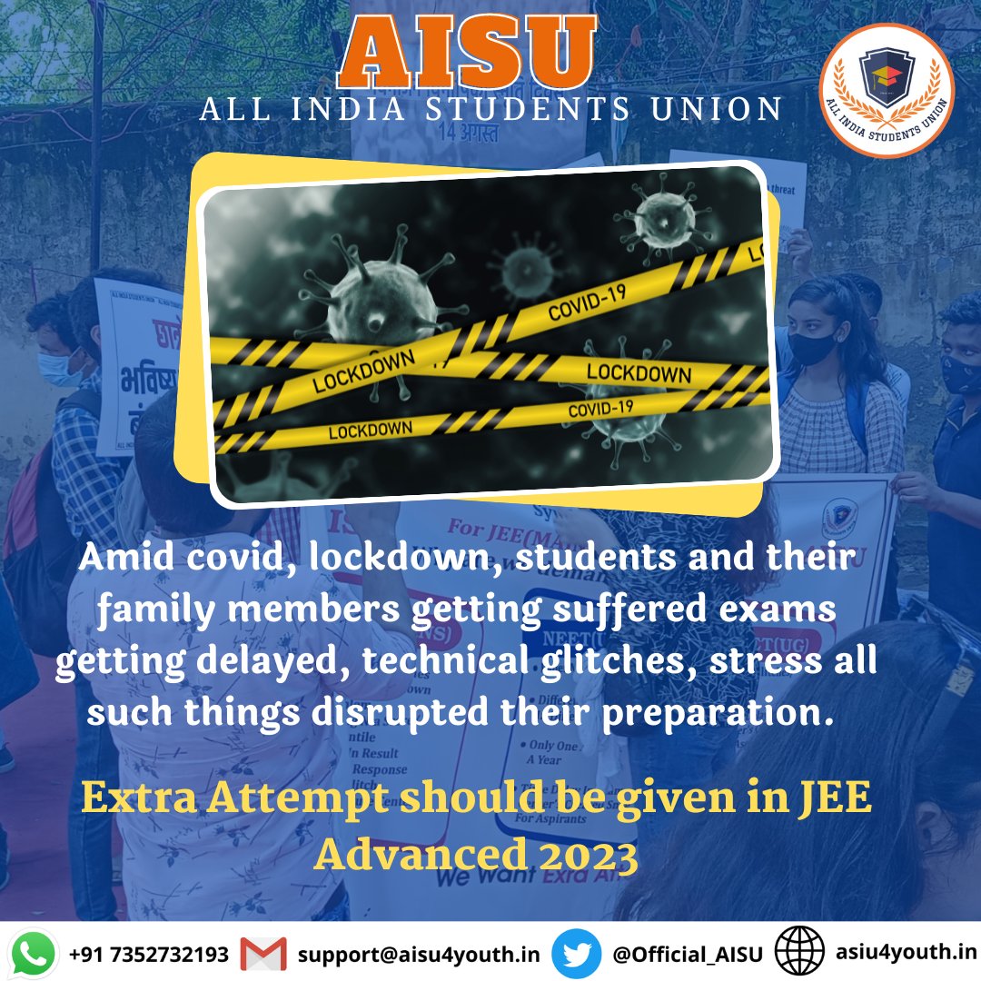 Official_AISU's tweet photo. JEE 2022 many students got Double Ranks ; Because of that many deserving 2021 passout droppers  were not able to qualify for JEE ADVANCED .
We Request JAB to give an extra attempt of JEE ADVANCED in 2023 for 2021 passouts. #JEEAdvExtraAttempt2021 https://t.co/ziVrUadamJ