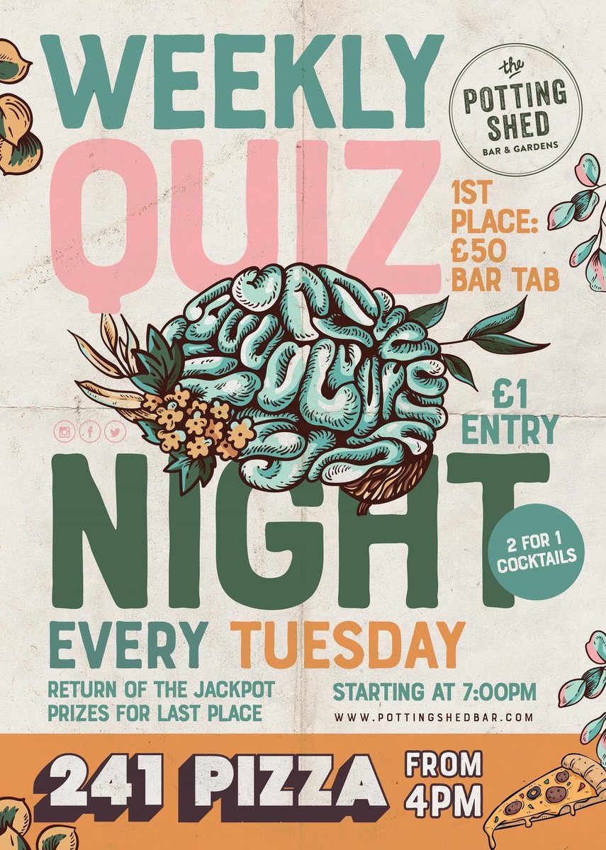 PottingShedNtha's tweet photo. βοΈ RETURN OF QUIZ NIGHT βοΈ
Our quiz night is back?! Join us for the return of our quiz Tuesday 27th September from 7pm
1st place prize of Β£50 bar tab π₯ as well as 2-4-1 cocktails and pizzas!
#QuizNight #GetQuizzical #GeneralKnowledge #Quiz #Northallerton https://t.co/Phfl6wLmD3