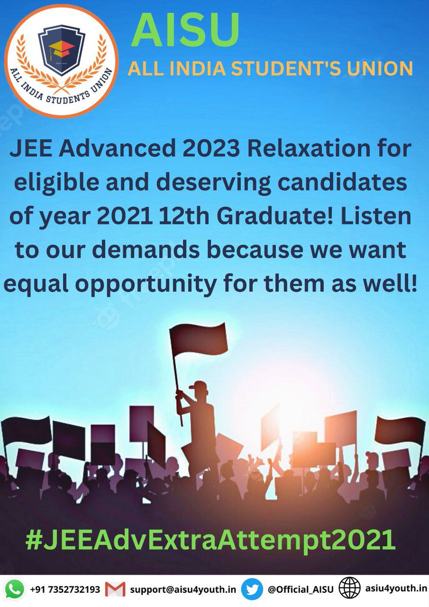 Farhan07703's tweet photo. EXTRA ATTEMPT FOR JEE ADV 2023 FOR 2021 PASSOUTS BECAUSE
1.PROBLEMS FACED IN CLASS 12 TH
2.COULDN'T ATTEND EXAMS DUE TO LOCKDOWN
3.PROBLEMS FACED IN JEE MAINS 2022
SO WE DESERVE A CHANCE IN JEEADVANCED2023
#JEEAdvExtraAttempt2021 https://t.co/iBhQoGGRal