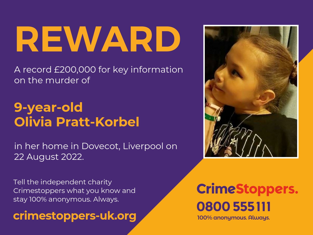 A record £200,000 #reward is now being offered for information that leads to the conviction of the person or people responsible for the murder of nine-year-old Olivia Pratt Korbel. [1/4]