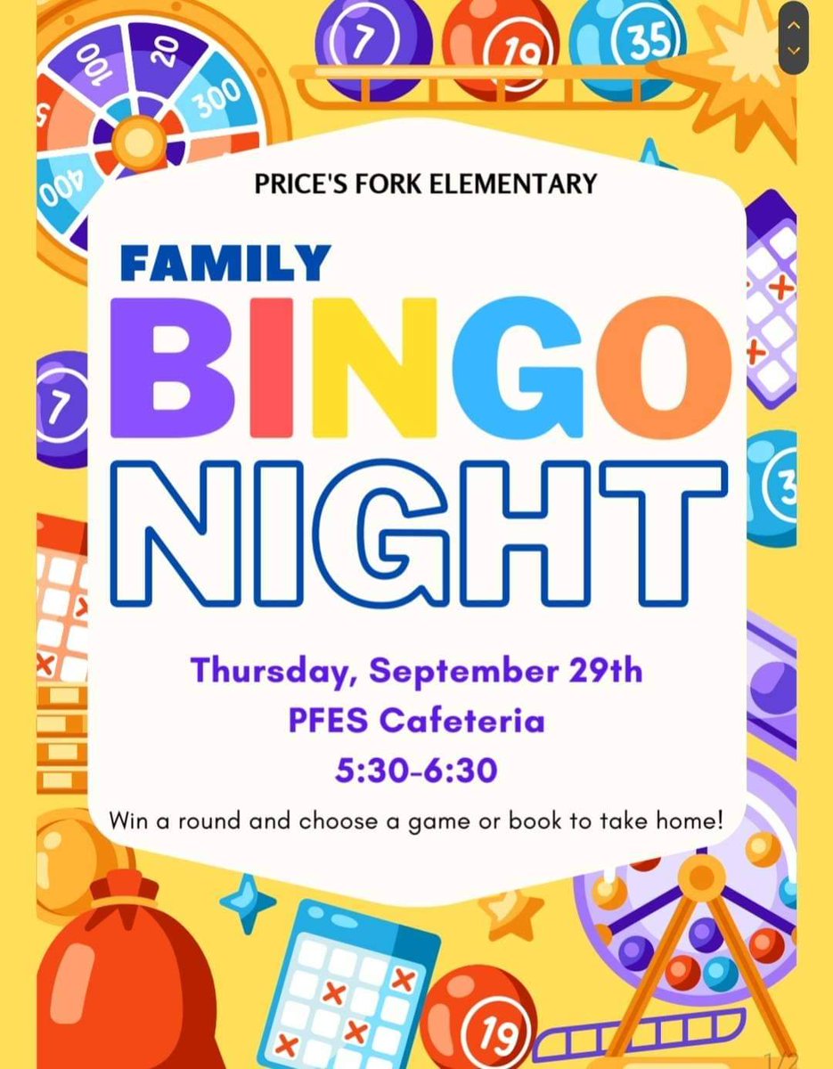 🎊 Next week is our Family Bingo Night! 🎊 Join us Thursday, Sept. 29th from 5:30-6:30. Winners get to choose a game to take home! Come out for a night of fun!