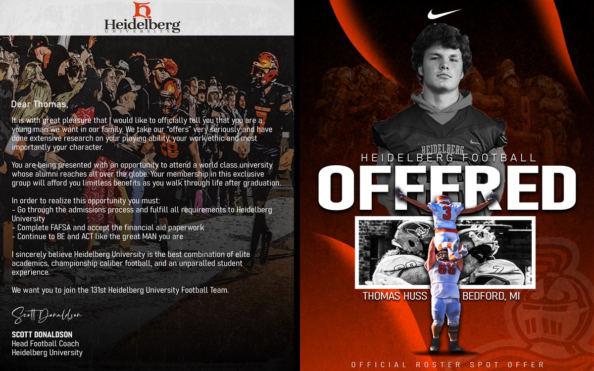 After a great conversation with <a href="/Joe_Vacik/">Joe Vacik</a> I have received an offer to play for Heidelberg university. <a href="/Coach_Donaldson/">Scott Donaldson</a> <a href="/Kicking_Mules/">BedfordKickingMulesFootball</a> @CoachBPNCSA