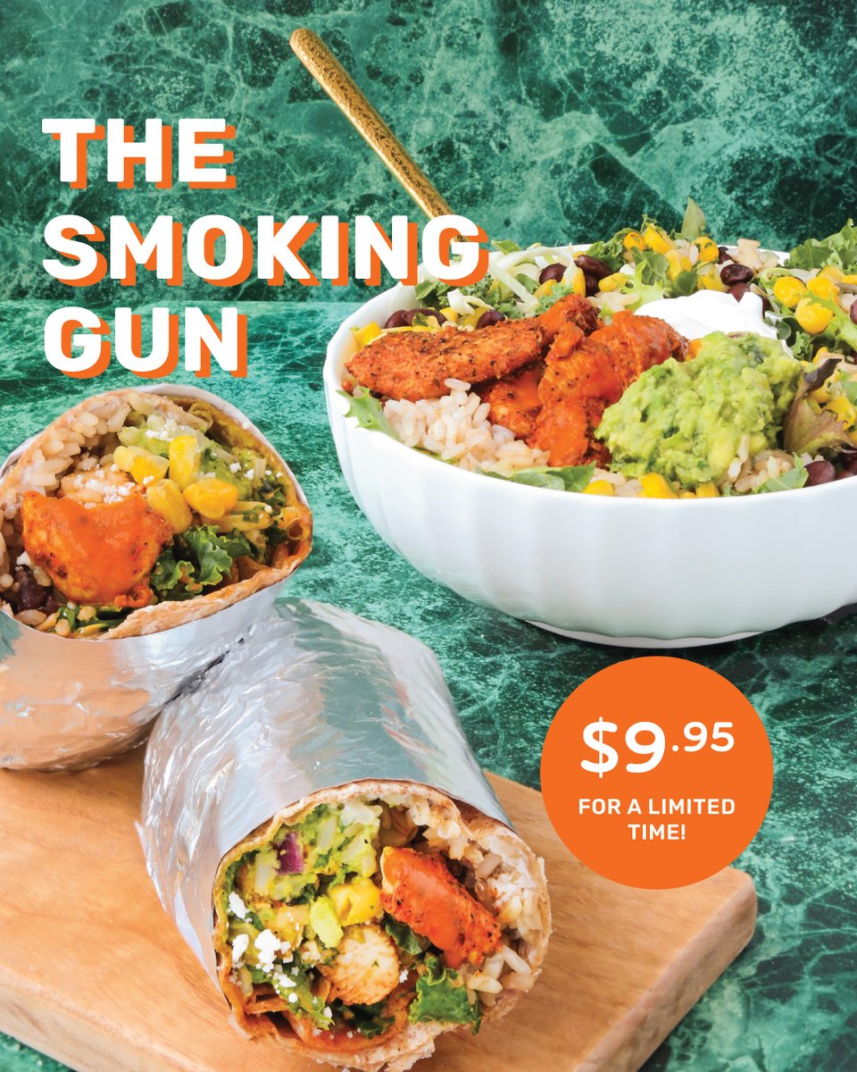 The Smoking Gun is loaded with housemade guacamole, Luisa’s roasted chicken, tangy Cotija cheese, brown rice and all your favourite veggies dressed in our famous fiery Mexican Caesar. And until October 4, order it as a bowl or burrito for just $9.95.