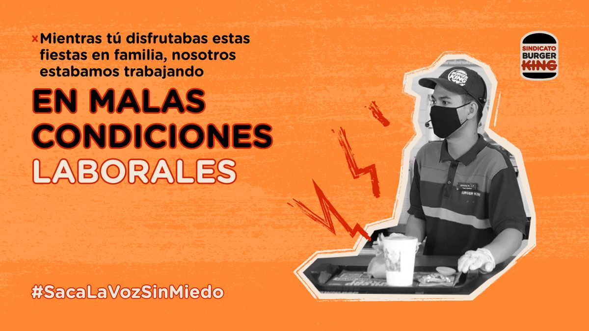 ¿Sabías que el personal de la comida rápida trabaja en todas las fechas que son de celebración? Las exigencias , las malas condiciones laborales y el no tener estos días en familia, nos genera cansancio físico y enfermedades mentales como depresión y estrés.
#SindicatoBurgerKing