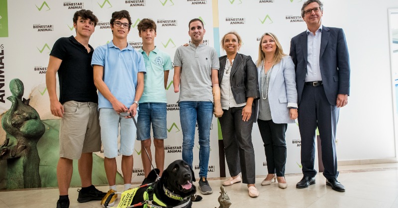 ONCE_oficial's tweet photo. 🦮El #PerroGuía Xabat, primero en el mundo en acompañar a una persona #ciega y sin manos, recibe el premio 'Bienestar Animal' del Colegio de Veterinarios de #Madrid

@COLVEMA @melisatuya @VeterinariaUCM @WorldVetAssoc
#VIPremiosBienestarAnimalCOLVEMA #FOPG #SiempreCaminandoJuntos