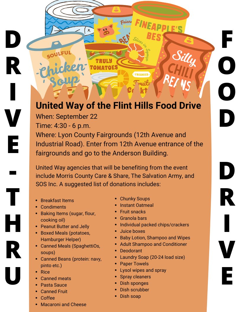 Join us for our Food Drive this tomorrow at the Anderson Building on the Lyon County Fairgrounds from 4:30-6pm.