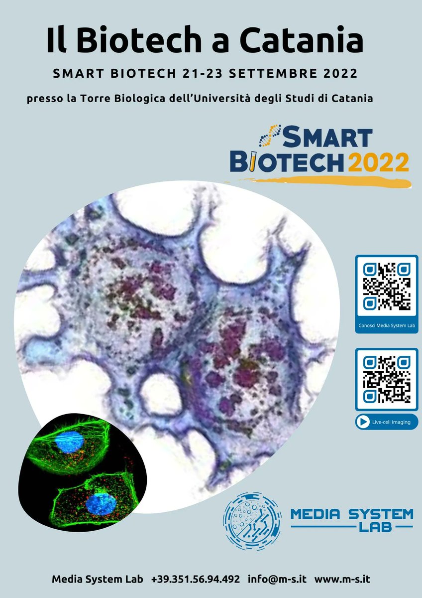 MEDIASystemLab's tweet photo. Vieni a trovarci da oggi al 23 a Catania allo #SmartBiotech alla Torre Biologica siamo presenti con il microscopio #Nanolive vieni a parlare di #biologia, #neuoroscienze #oncologia #colturecellulari #organoidi #imaging #microscopia #ricerca https://t.co/Lh4YD2iY55