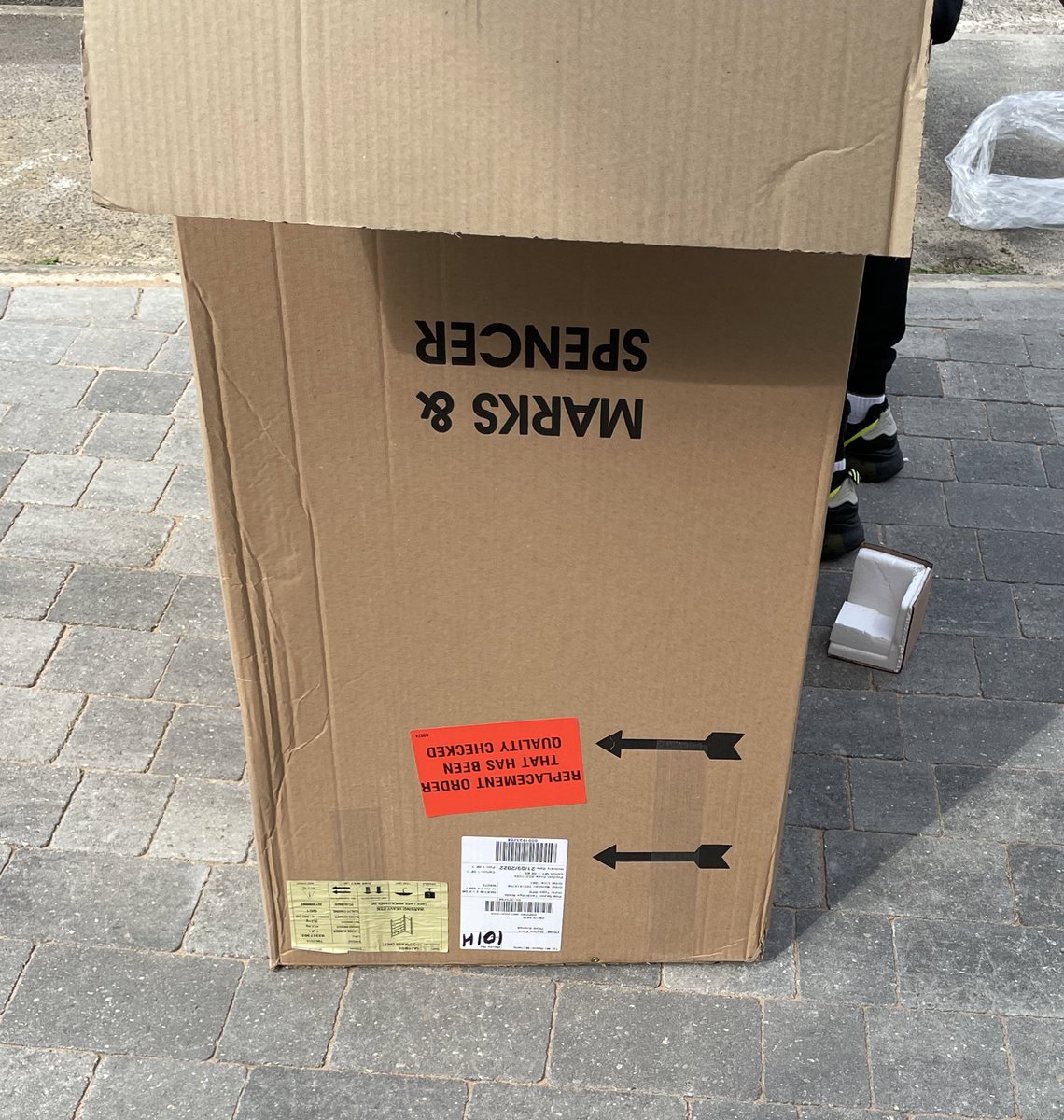 Steph_Moriarty's tweet photo. I expect better @marksandspencer… twice we’ve ordered a chest of drawers &amp; both times it’s turned up damaged. Is the sticker on the box meant to be ironic? https://t.co/Bnw51Vn3Oh