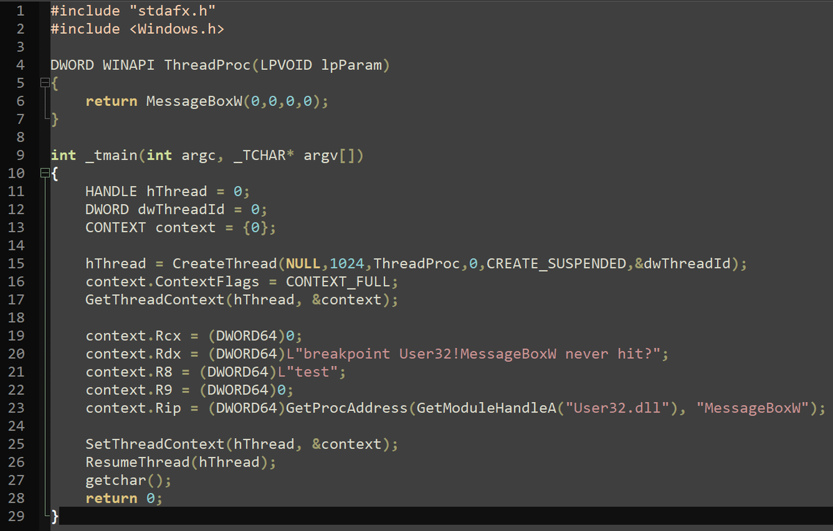 Andy6888's tweet photo. #WinDbg #x64Dbg
I am unable to hit the breakpoint User32!MessageBoxW using WinDbg,but x64Dbg works properly.
Here is the code: https://t.co/Z6d2zCA3Mf
