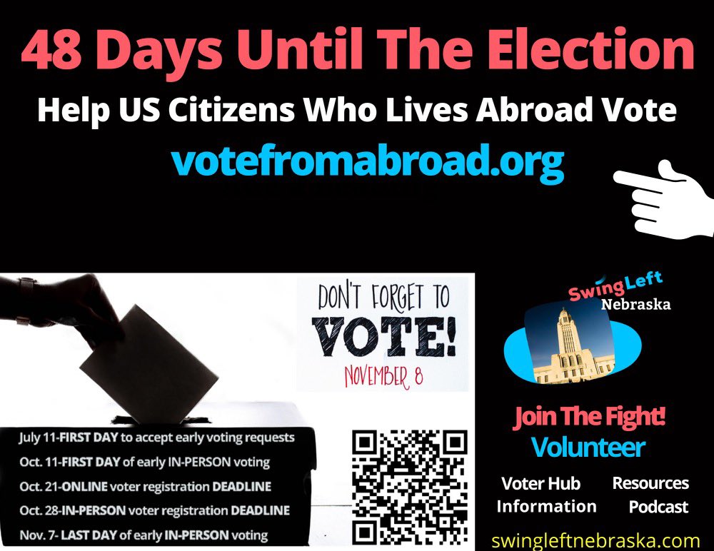 SwingLeftOmaha's tweet photo. 48 Days Until The Election! Help your friends and family vote from abroad.
👉🏼https://t.co/IHprwVo9Z5
👉🏼https://t.co/ztAyEzwMuU
👉🏼#dontjustvotevolunteer https://t.co/19NFsnoNGW