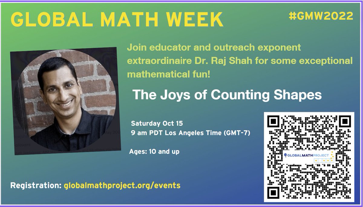 Things will be a-happening for Global Math Week, Oct 10-17. Join <a href="/GlobalMathProj/">The Global Math Project</a> co-founder <a href="/drrajshah/">Raj Shah</a> for surprising fun with shapes! 
globalmathproject.org/events/
<a href="/MathPlusAcademy/">Math Plus Academy</a> <a href="/AIMathCommunity/">AIM_MathCommunities</a> <a href="/maanow/">MAA</a>