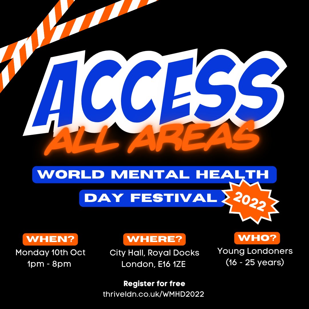 📢 Young Londoners!

On #WorldMentalHealthDay, join us and other young Londoners (16-25 yrs) as we takeover City Hall for Access All Areas - a free, one-day festival.

For details and tickets 👇
thriveldn.co.uk/WMHD2022

Any questions? All the info you need is in this thread 🧵