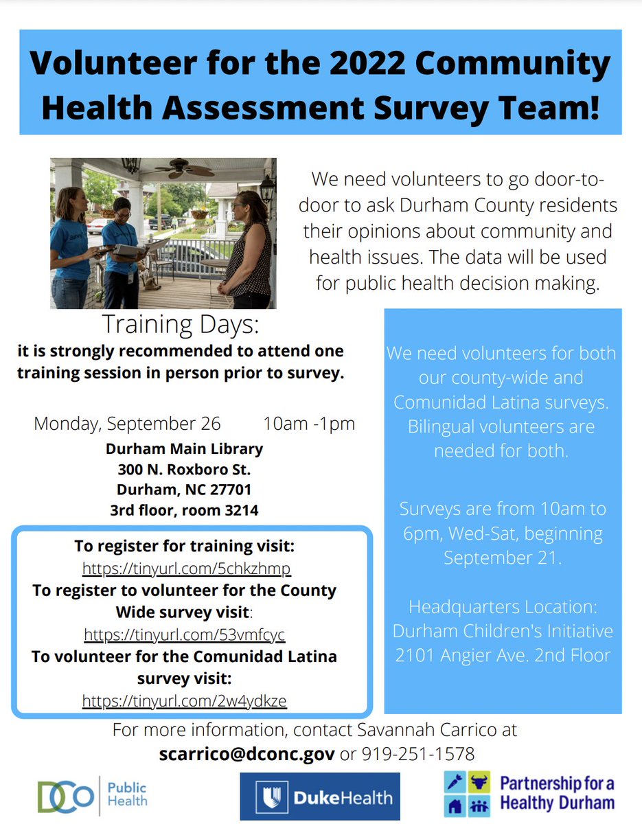 Volunteers needed! Help conduct surveys for the next Community Health Assessment to help us learn more about Durham's health. Sign up for 
Monday's training:
dconc2.jotform.com/222556045509961
Or watch virtual training: youtube.com/watch?v=mFicvQ…
Sign up to volunteer: dconc2.jotform.com/222365236740049
