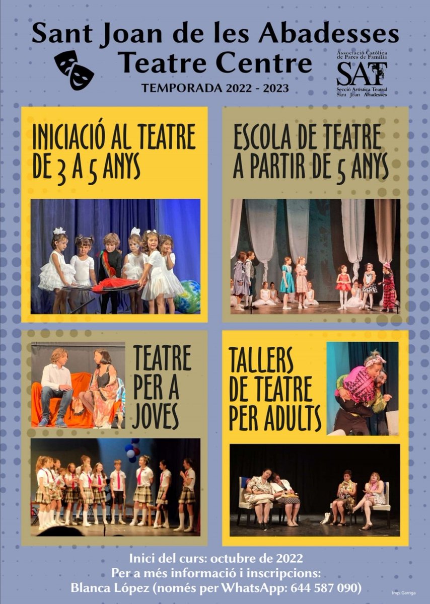 Obertes les inscripcions a la nostra Escola de Teatre. Tallers i cursos per a participants de 3 a 99 anys. Inici de curs el mes d'octubre.