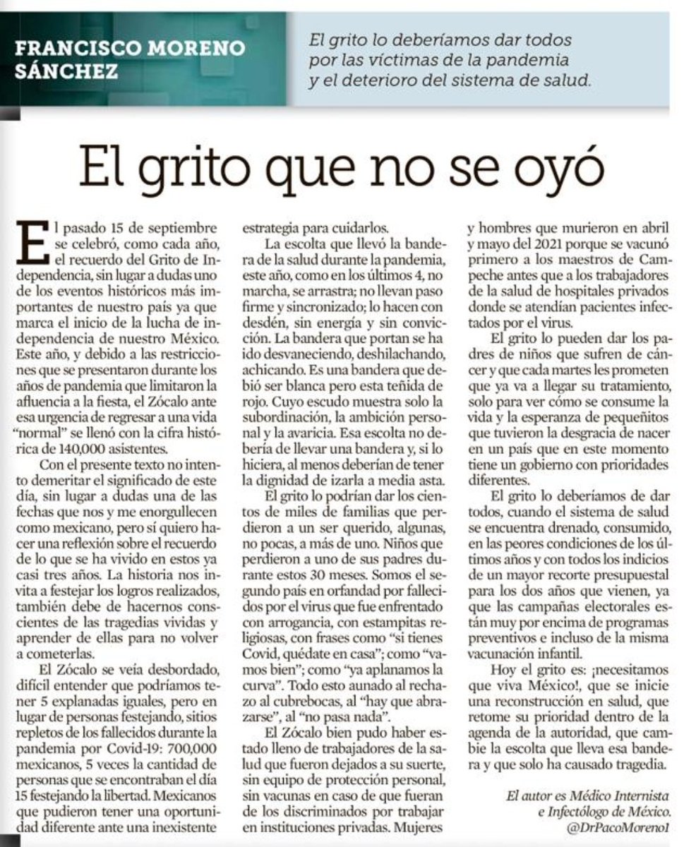 El grito lo deberíamos dar todos por las víctimas de la pandemia por #COVID19 y el deterioro del sistema de salud.
Mi opinión en <a href="/Reforma/">REFORMA</a>